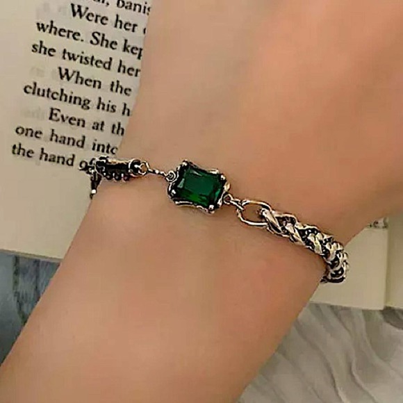 Sterling Silver Emerald Tube Chain Bracelet Matching Oversized Resizable Ring - Picture 2 of 8